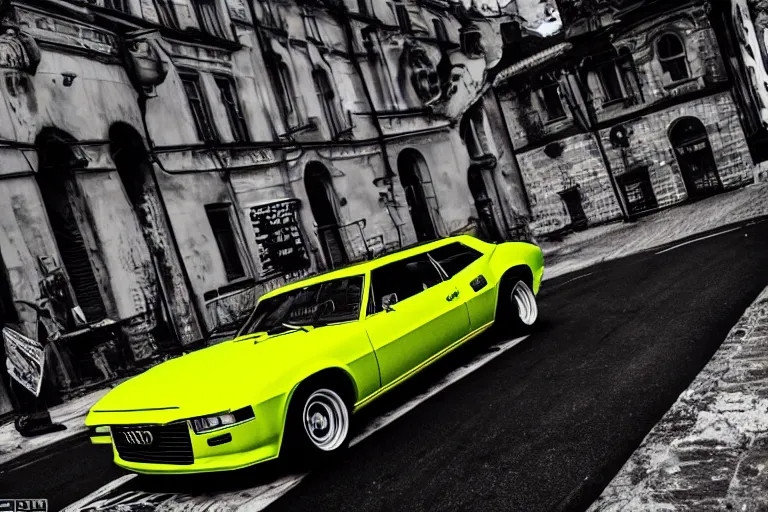 Image similar to audi camaro b 1 ( 1 9 6 9 ) drifting, need for speed : carbon, neon lines, lviv historic centre, ultra phonk, phonk music background, smoke behind wheels, noise, dark, establishing shot