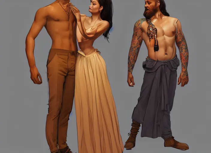 Image similar to man and woman in pose of couple vol 2 photo reference pack for artists, spirit hugs, gold trim, atmoshperic, elegant, sharp focus, huge lips, poses by satine zillah, environment by hw 6 5 2 3, art by ilya ozornin, artstation, intricate details, concept art