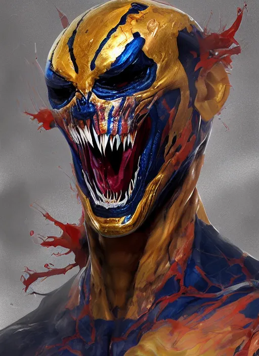 Image similar to messi as venom, naturel, hyper detailed, digital art, trending in artstation, cinematic lighting, studio quality, smooth render, unreal engine 5 rendered, octane rendered, art style by klimt and nixeu and ian sprigger and wlop and krenz cushart