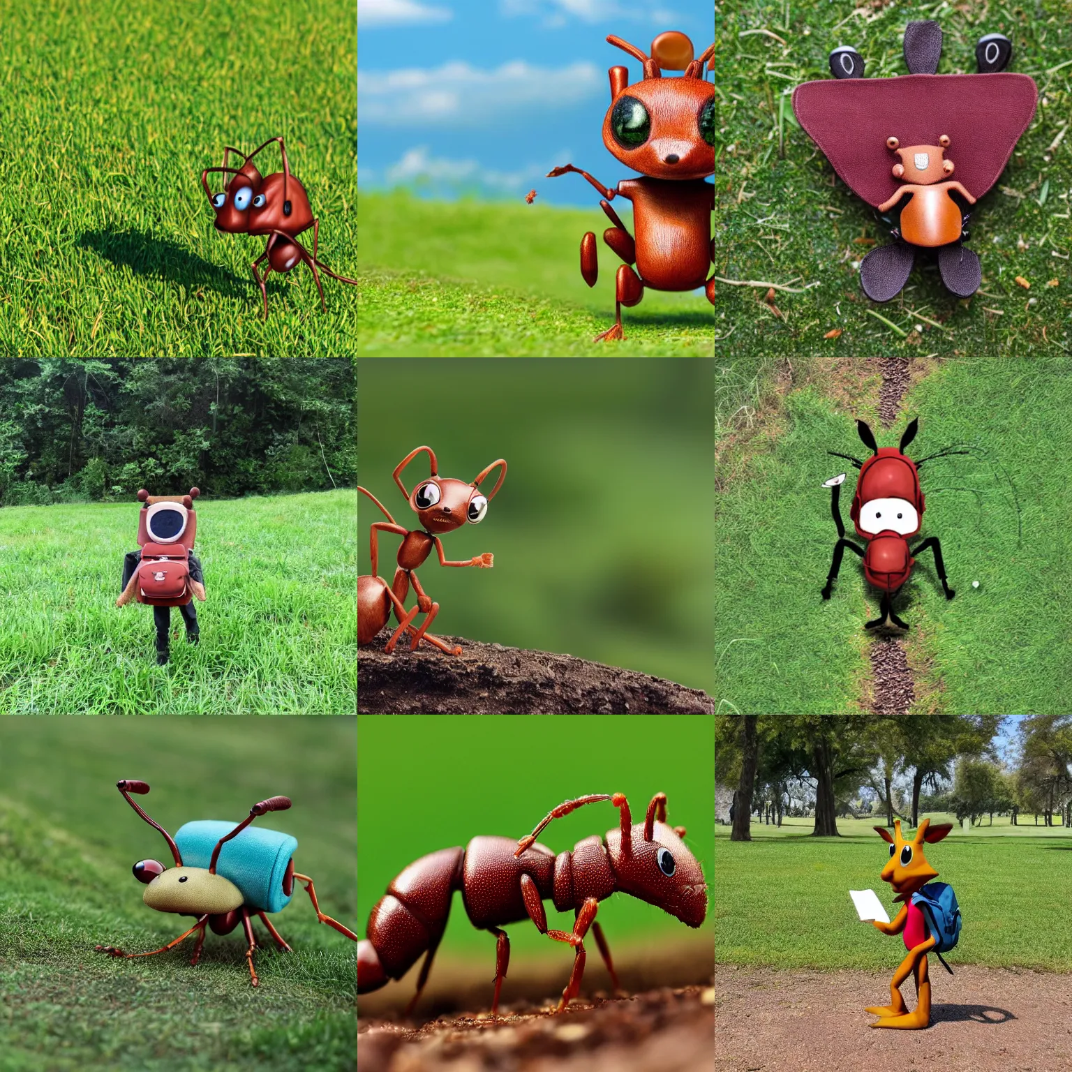 Prompt: an anthropomorphic ant wearing a backpack, walking through a green pasture