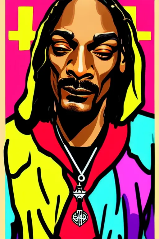 Prompt: saint snoop dogg. pop art, pixel, bioshock art style, gta chinatown art style, dynamic proportional, dynamic composition, face features, body features, ultra realistic art, digital painting, concept art, smooth, sharp focus, illustration, intricate, without duplication, elegant, confident posse, art by artgerm and richard hamilton and mimmo rottela