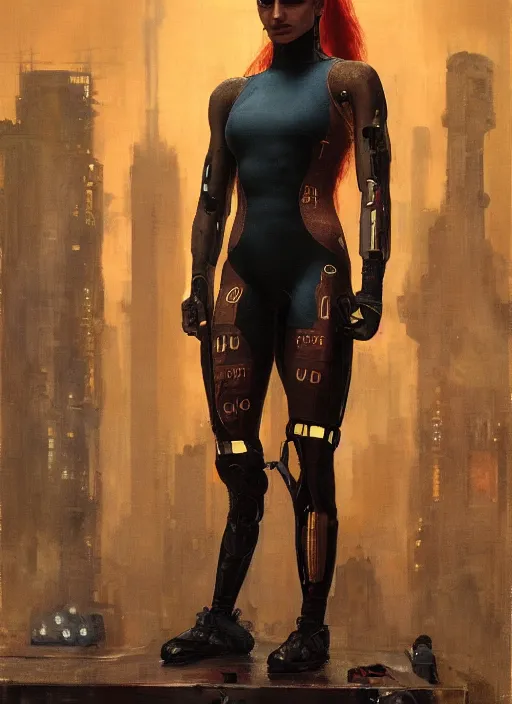 Image similar to buff cyberpunk olympic gymnast with robotic arms wearing a jumpsuit ( blade runner 2 0 4 9, cyberpunk 2 0 7 7 character design ). orientalist portrait by john william waterhouse and james gurney and theodore ralli and nasreddine dinet, oil on canvas. cinematic, hyper realism, realistic proportions, dramatic lighting, high detail 4 k