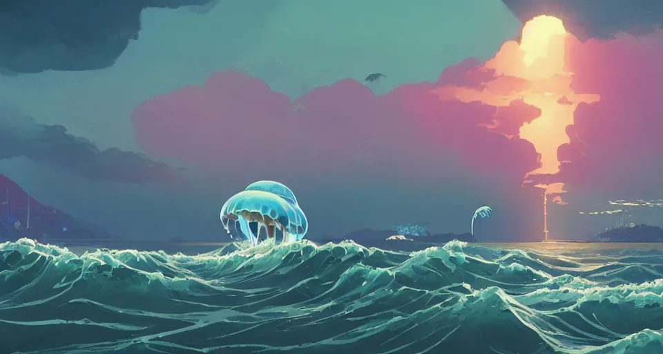 Prompt: A very beautiful serene coastal landscape scene with a GIANT MECHA JELLYFISH looming in the distance, bright sunny waves splashing on the beach, Translucent rendered by simon stålenhag, The Great Wave off Kanagawa, rendered by Beeple, Makoto Shinkai, syd meade, environment concept, digital art, starwars, unreal engine, 3 point perspective, WLOP, trending on artstation, low level, 4K UHD image, octane render,