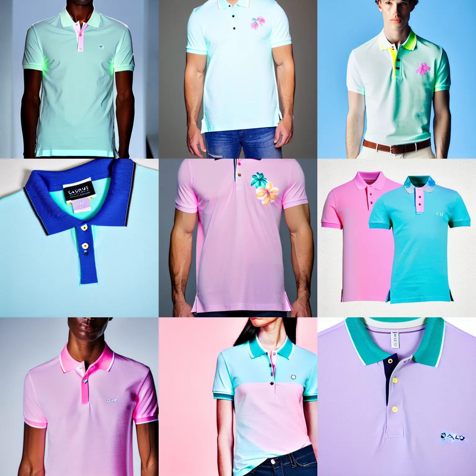 Prompt: a detailed high key lighting product photo of a gap polo shirt. pastel colors with light floral influence. miami vice. couture. high fashion. fashion week