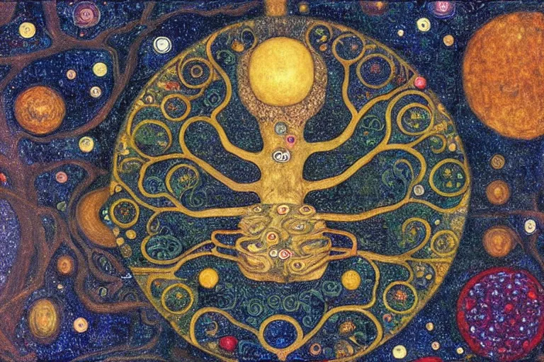 Prompt: a cosmic yggdrasil with planets hanging from the branches by gustav klimt, digital art, artstation, low angle, high detail, intricate, wide shot, centered,