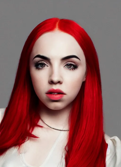 Image similar to ava max bright red hair photographed by charlotte rutherford, canon, highly realistic. high resolution. highly detailed. dramatic. 8 k. 4 k.