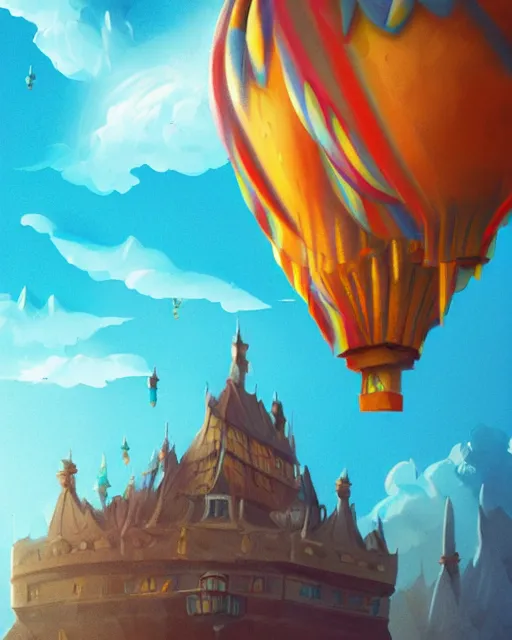 Image similar to flying cloud castle, buildings, baloons, machines, bright, blue sky, mountains, colorful, cinematic lighting, fantasy, high detail, illustration, masterpiece, artstation, 4 k, art by wylie beckert