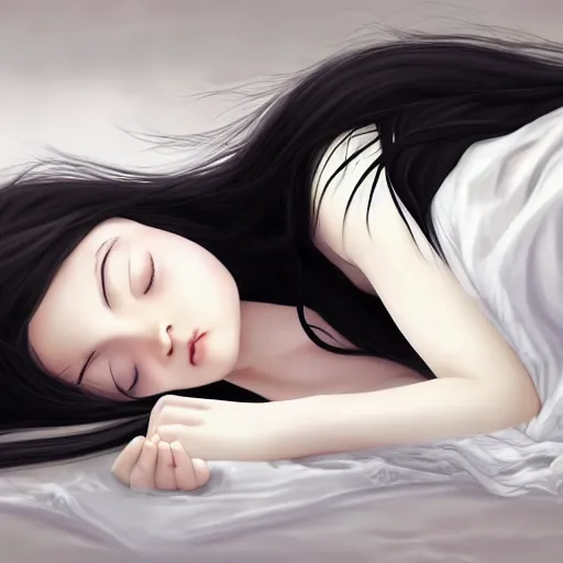 Prompt: little girl with an long black hair dressed in a simple white dress sleeping, anime art style, digital art ilya kuvshinov, inspired by balthus, hd, 4 k, hyper detailed, dark, anatomically correct, angelic face, pic