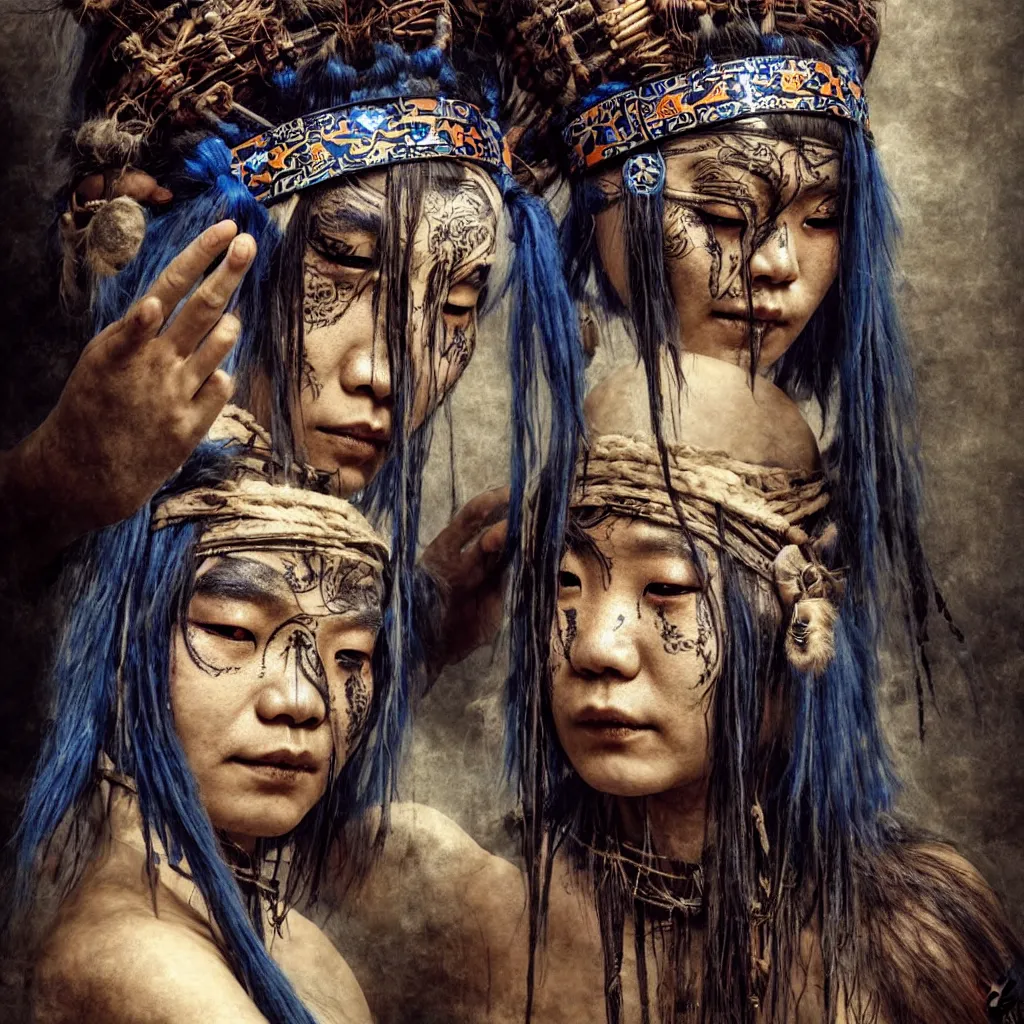 Image similar to A young blindfolded shaman japanese woman with a decorated headband performing a pagan ritual, in the style of heilung, blue hair dreadlocks and wood on her head, tribal piercing and tatoos , atmospheric lighting, intricate detail, cgsociety, ambient light, dynamic lighting, art by karol bak