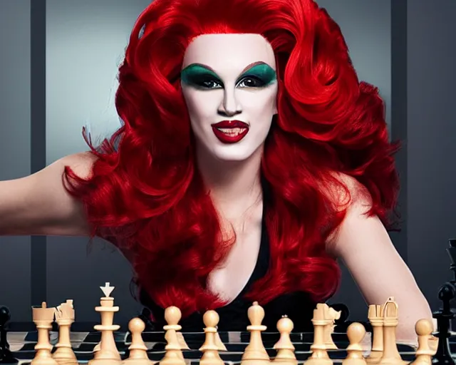 Image similar to red hair drag queen playing chess, netflix show poster