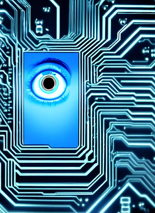 Image similar to a computer circuit board with a blue eye, a computer rendering by karl ballmer, pixabay contest winner, computer art, creative commons attribution, quantum wavetracing, future tech