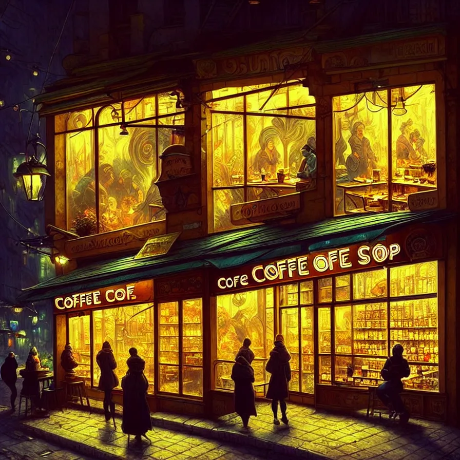 Image similar to a coffee shop store in The City of Ukraine at night with a few customers, extreme plus resolution fantasy concept art, intricate details to everything visible, sharp lighting, Dramatic light by denis villeneuve, strong emphasis on alphonse mucha, Makoto Shinkai