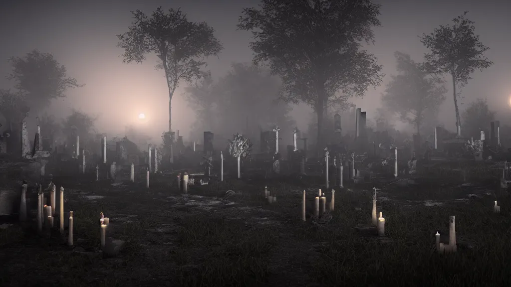 Image similar to misty graveyard at night with skeletons and candles, dramatic lighting, 8 k uhd, unreal engine, octane render, moon rays, award winning, visually stunning