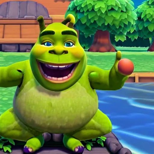 Prompt: a screenshot of shrek in animal crossing new leaf. 3 d rendering. unreal engine. amazing likeness. very detailed. cartoon caricature