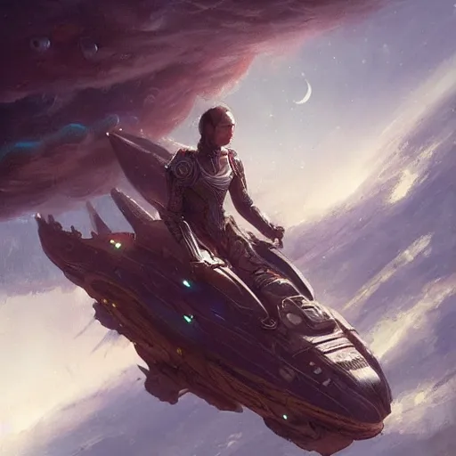 Image similar to pilot floating in spaceship, fullbody, fantasy, intricate, elegant, highly detailed, digital painting, artstation, longspear, concept art, smooth, sharp focus, illustration, art by greg rutkowski, art by seb mckinnon, art by justin gerard