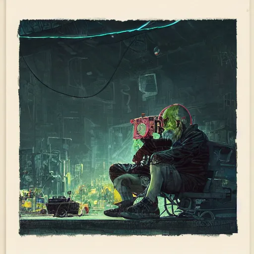 Image similar to An old punk sitting alone in a junkyard with his robot friend + black layered paper + end of the world theme + elements + dark blue and green tones + neon + baroque + rococco + white + ink + marc simonetti, craig mullins, peter mohrbacher, michael whelan, detailed, intricate ink illustration, cinematic, mucha