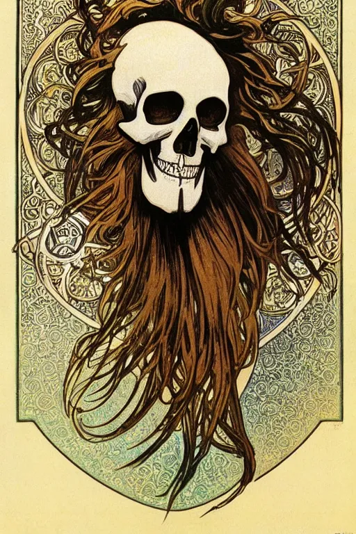 Image similar to bearded skull, illustration art by alphonse mucha