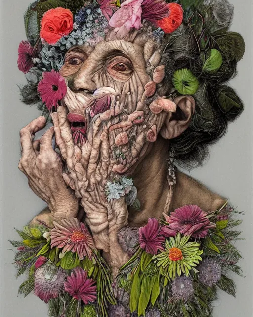 Image similar to a portrait of a fleshy old woman covered in flowers in the style of guiseppe arcimboldo and james jean, covered in wispy gray hair with a hint of neon.