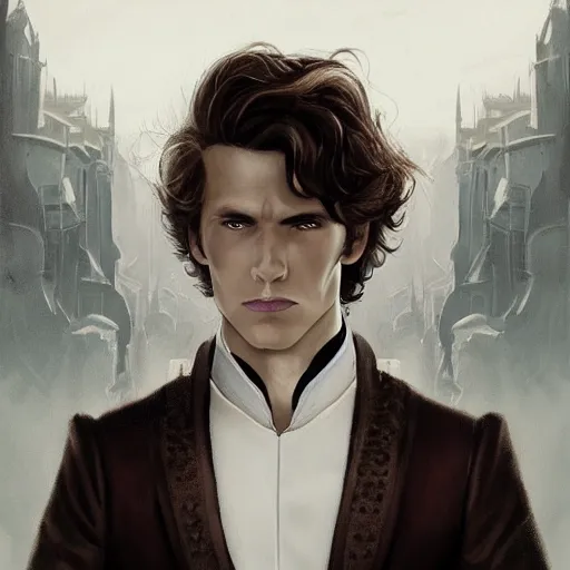 Prompt: close up of a regal prince surrounded by a crowd of angry people. the prince has sharp cheekbones, white clothes, high collar, wistful melancholic hopeful expression. super details, modern digital art, matte painting, science fiction