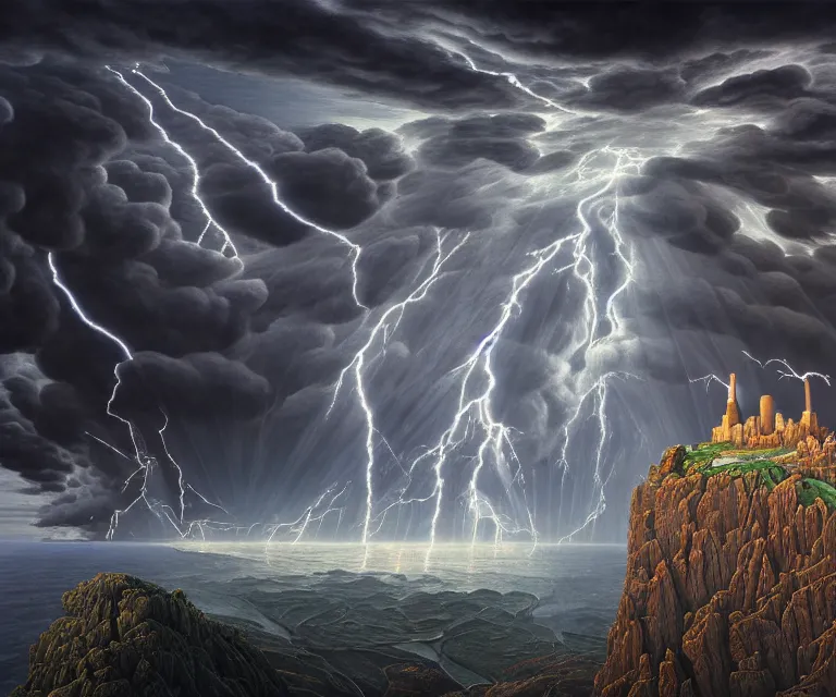 Image similar to hyper detailed 3d render like a Oil painting - greek god zeus standing tall on top of mount olympus, lightning storm in background, anger + wrath, by Jacek Yerka, Mariusz Lewandowski, Houdini algorithmic generative render, Abstract brush strokes, Masterpiece, Edward Hopper and James Gilleard, Zdzislaw Beksinski, Mark Ryden, Wolfgang Lettl, hints of Yayoi Kasuma, octane render, 8k