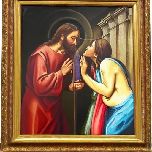 Image similar to 1 8 th oil panting of a jesus kissing a woman