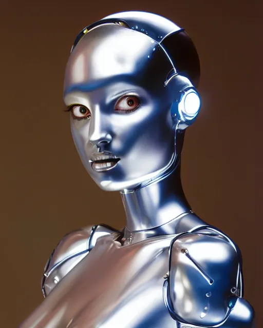 Prompt: Hajime Sorayama designed Metallic Robot Woman, Studio Lighting. Robot woman’s skin made out of reflective chrome, Hyperreal