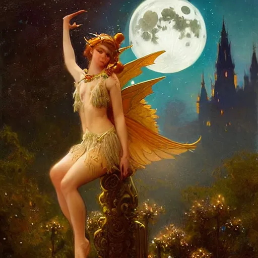 Image similar to attractive fairy magically floating high in the night, fantasy, full moon in background. highly detailed painting by gaston bussiere, craig mullins, j. c. leyendecker, mid shot, 8 k realistic, cryengine, frostbite 3 engine, sharp focus