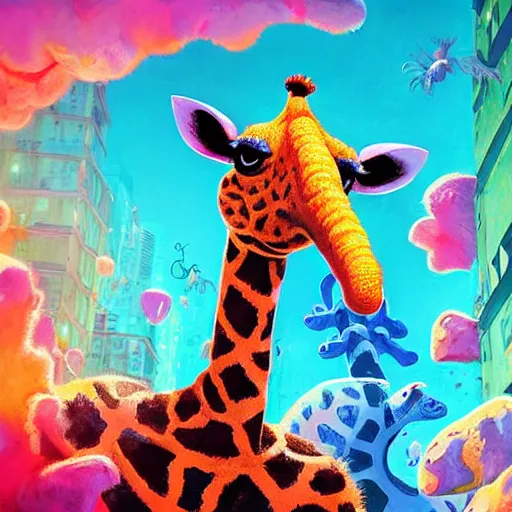 Prompt: david shwimmer as a goofy giraffe, huge beautiful eyes, vivid color, neon color, intricate detail, digital painting, particles floating, whimsical background by marc simonetti, artwork by ross tran + ramond swanland + liam wong