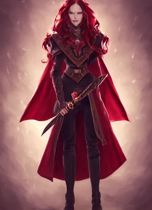 Image similar to a highly detailed illustration of beautiful long dark red haired woman wearing wine red epaulette uniform and coat cape, dramatic wielding strings pose, intricate, elegant, highly detailed, centered, digital painting, artstation, concept art, smooth, sharp focus, league of legends concept art, wlop