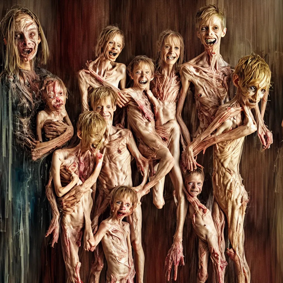 Prompt: bright realistic anorexic family turning into a god and smiling franticly, old apartment, rotten flesh, diffuse lighting, fantasy, intricate, elegant, highly detailed, lifelike, photorealistic, digital painting, artstation, illustration, concept art, smooth, sharp focus, art by francis bacon and jenny saville