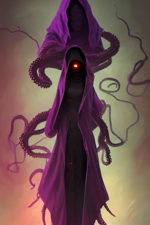 Prompt: A full body portrait of a mysterious character with no face with a very long hooded dark purple cloak tentacles coming out the ground art by Maciej Kuciara and Jason Chan, ominous, cosmic horror, trending on artstation, detailed, realistic 4k