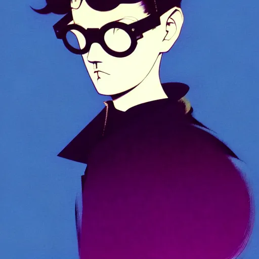 Prompt: a representative chubby young goth boy n asymmetrical ombre mohawk wearing oversized euro glasses and a leather jacket. anaglyph lighting, detailed character design, melancholic flat vector geometric minimalism by oskar schlemmer, moebius, nagel, john berkey, oil on canvas, portrait facial head, featured on artstation, hd wallpaper, anime art nouveau