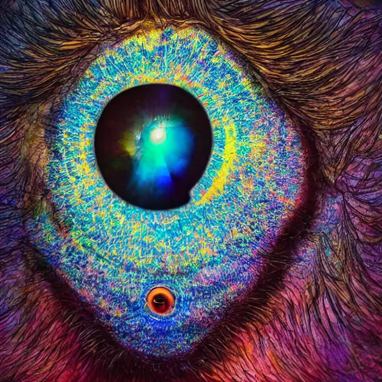 Prompt: Close up shot shallow depth of field cinematic lighting photograph of a bookish man eye contact whose mouth opens up as a prismatic geode titled 'I am redeemed' psychedelic album cover, vivid color shocking detail hyperrealistic 8k
