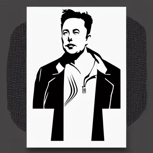 Image similar to a simplified black and white vector based illustration of Elon Musk, created in Adobe illustrator, black ink shading on white background, smooth vector curves, vinyl cut ready