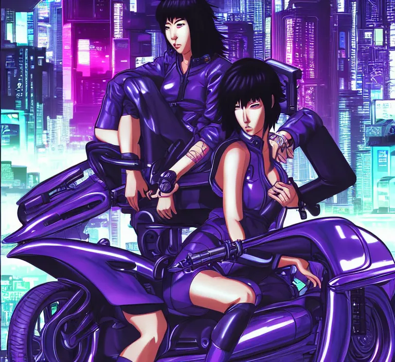 Image similar to motoko kusanagi riding a cyberpunk vehicle in a grungy cyberpunk megacity, bosozoku gang war, cyberpunk vaporwave, by phil jimenez, artgerm, sola digital arts, anti aliasing, raytracing