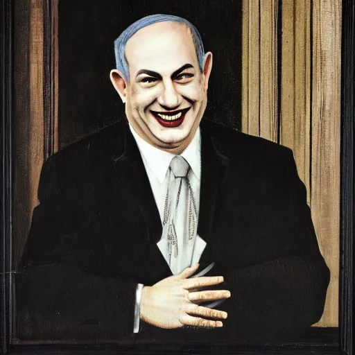 Image similar to Gothic portrait of Benjamin Netanyahu grinning in a dark office, black make up, detailed