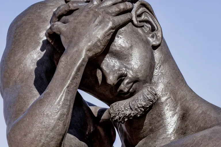 Prompt: A photograph of a large statue of a male athlete holding his head high and his hands wide, symbolizing humanity, ambition and determination, photo taken from a distance so that the full statue is visible, high resolution image taken with a DSLR camera