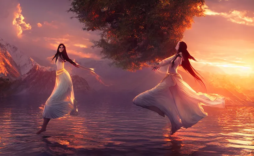Image similar to Himalayan priestess dancing on water, beautiful flowing fabric, sunset, dramatic angle, 8k hdr pixiv dslr photo by Makoto Shinkai and Wojtek Fus
