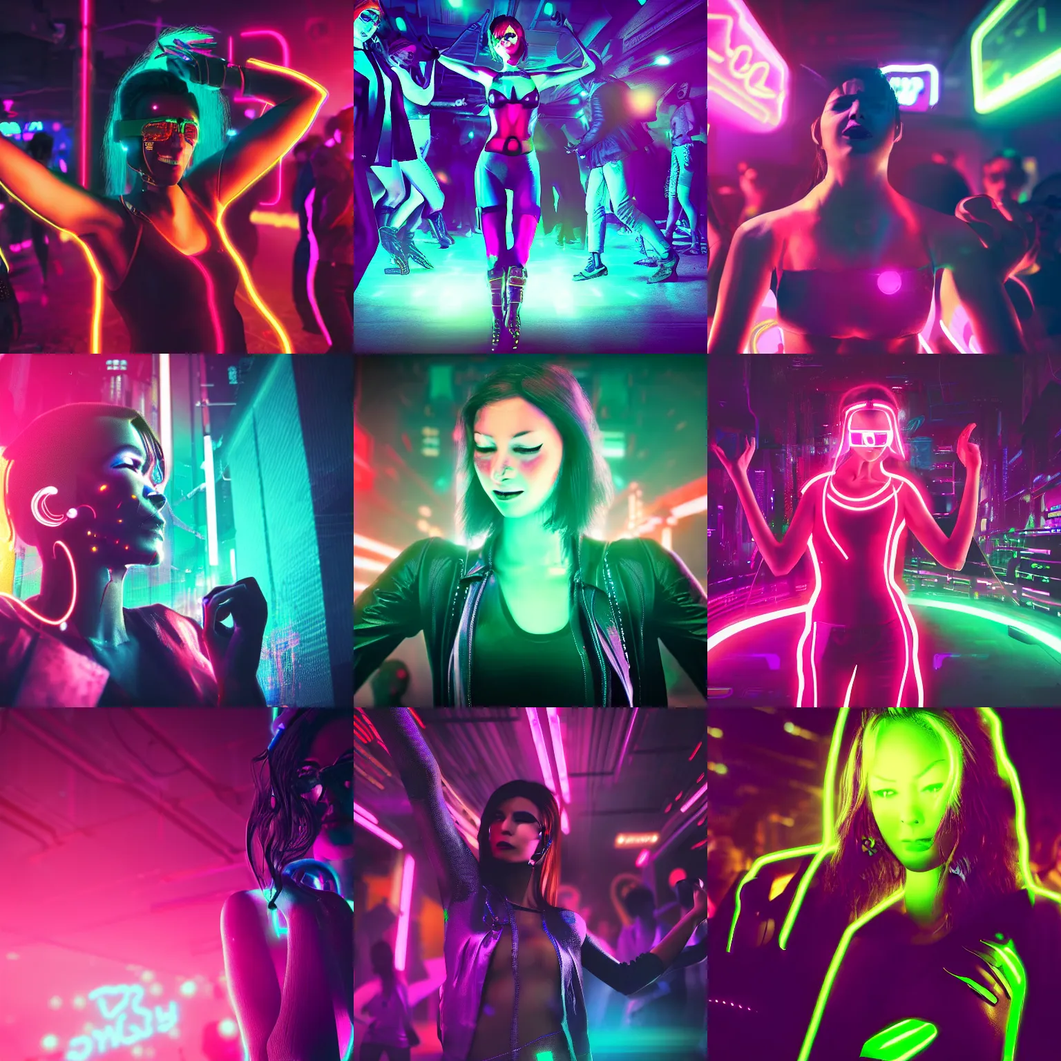Prompt: closeup of a Cyberpunk woman dancing in a crowd in a neon nightclub, dim, moody, atmospheric, unfocused, digital art, Octane