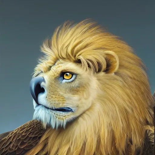 Image similar to a realistic oil painting portrait of a griffon ( lion eagle hybrid ), highly detailed, trending on artstation, by james gurney and michael whelan