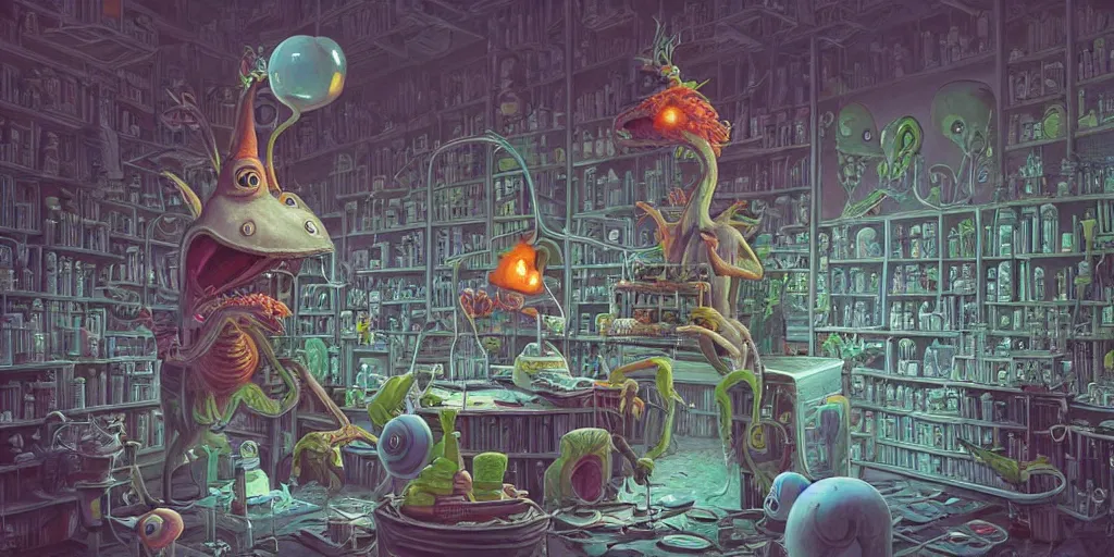 Prompt: a beautiful and highly detailed painting of an aaahh!!! Real Monsters pharmacist in an aaahh!!! Real Monsters apothecary by James Gurney and beeple | Unreal Engine: .4 | establishing shot | graphic novel, illustration: .5 | Tim White: .2