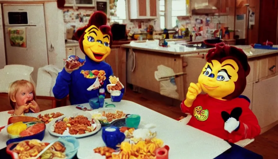 Image similar to 1 9 9 0 s candid 3 5 mm photo of a beautiful day in the family kitchen, cinematic lighting, cinematic look, golden hour, an absurd costumed mascot from the jimbles the super pony show is eating all of the kids cereal, the kids are hungry and the mascot is eating all of their food, uhd