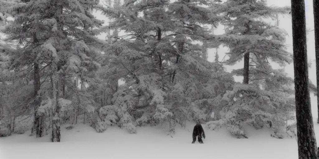 Image similar to photo, bigfoot faintly appears in the distance, barely able to be seen. cold color temperature, snow storm. hazy atmosphere. humidity haze. kodak ektachrome, greenish expired film, award winning, low contrast