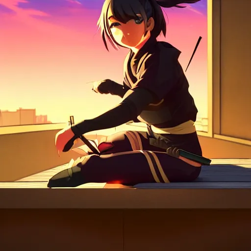 Image similar to digital anime art in the style of netflix arcane, cute female ninja sitting on an old japanese roof at golden hour, wlop, ilya kuvshinov, backlit