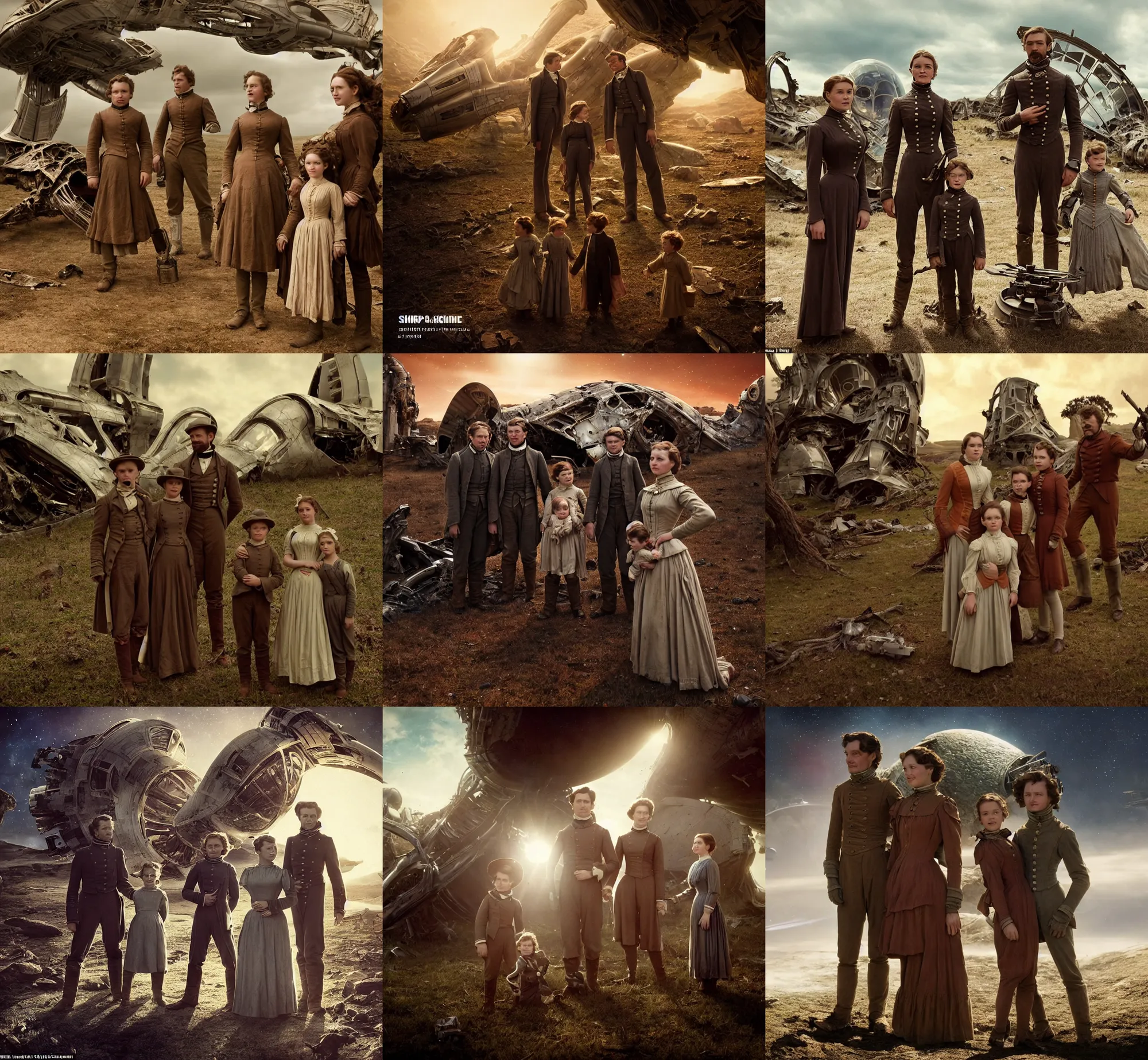Prompt: sharp, highly detailed, film from a blockbuster sci fi 8 k color movie, set in 1 8 6 0, family standing in front of a crashed spaceship, on a alien planet, looking happy, wearing 1 8 5 0 s era clothes, atmospheric lighting, in focus, 3 5 mm macro lens, live action, nice composition, good photography, clear facial details