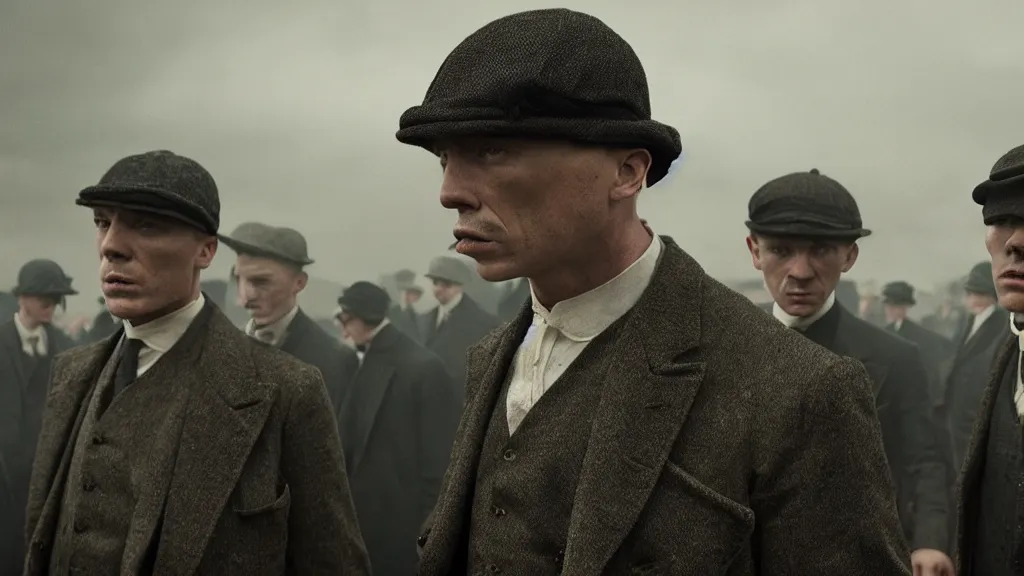 Prompt: the peaky blinders with shrimp heads, film still from the movie directed by denis villeneuve with art direction by zdzis