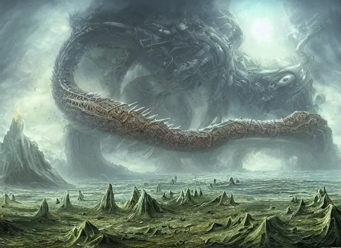 Prompt: underwater end of the world, clouds, fire, demons, plants, bridge, buildings, people, serpent, strange creatures walking around, falling from sky, big titan creature in the center, by vladimir kush and giger and zdzislaw