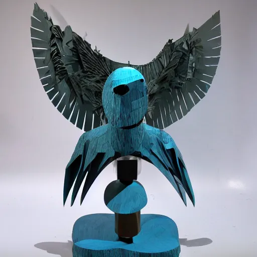 Image similar to abstract, sculpture articuno made of various materials from rainforest of face of artificial intellicgence