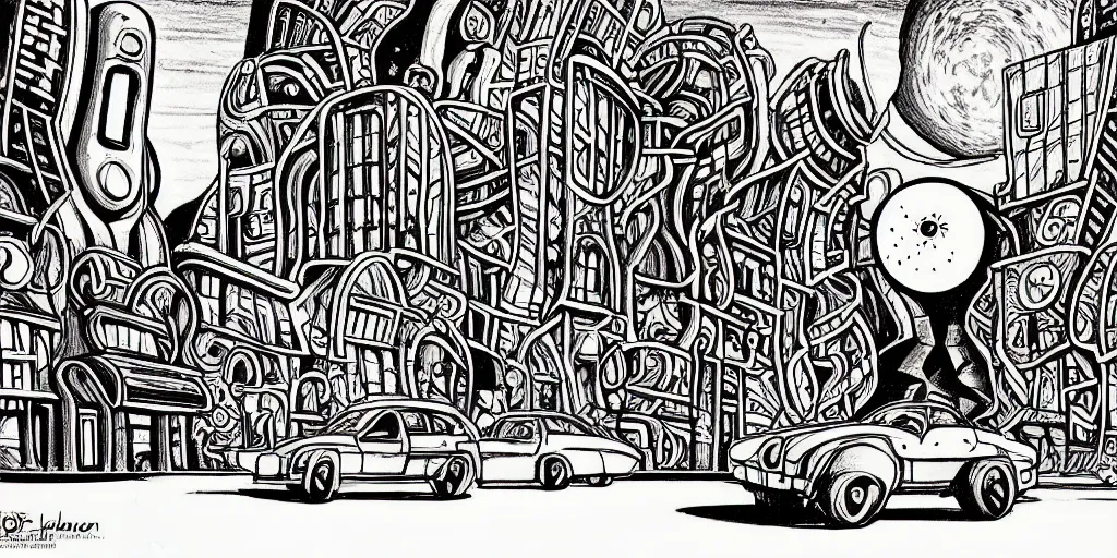 Image similar to traditional drawn colorful animation a car solo stranger with sad face pacing to valley symmetrical architecture on the ground, space station planet afar, planet surface, ground, flower, outer worlds extraterrestrial hyper contrast well drawn Metal Hurlant Pilote and Pif in Jean Henri Gaston Giraud animation film The Masters of Time FANTASTIC PLANET La planète sauvage animation by René Laloux