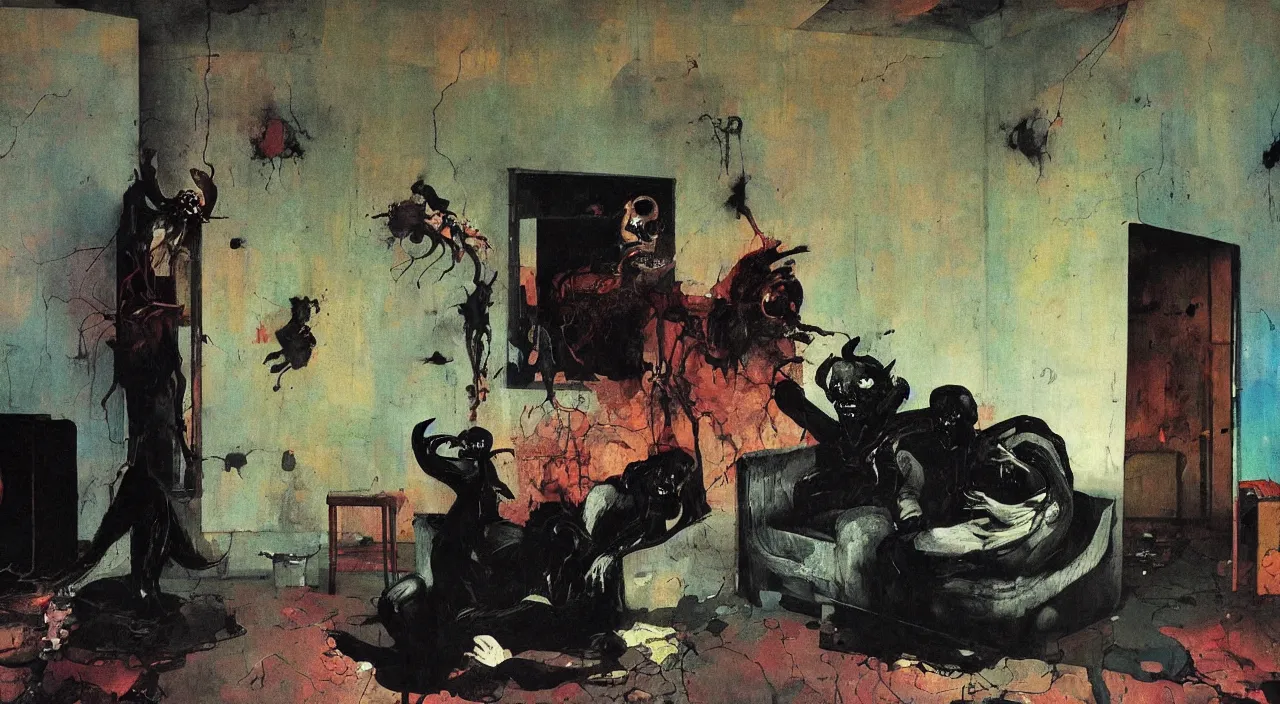 Image similar to two dark figures laughing and a black dog inside a decayed contemporary living room with large oxygen tank in the style of Francis Bacon and Zdzislaw Beksinski, Edward Hopper and Norman Rockwell, highly detailed, very coherent, triadic color scheme